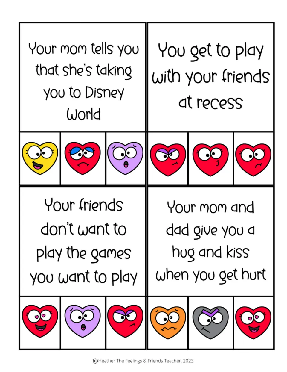 Situation clip cards about Disney World, recess, friends' game choices, and comfort from parents after an injury
