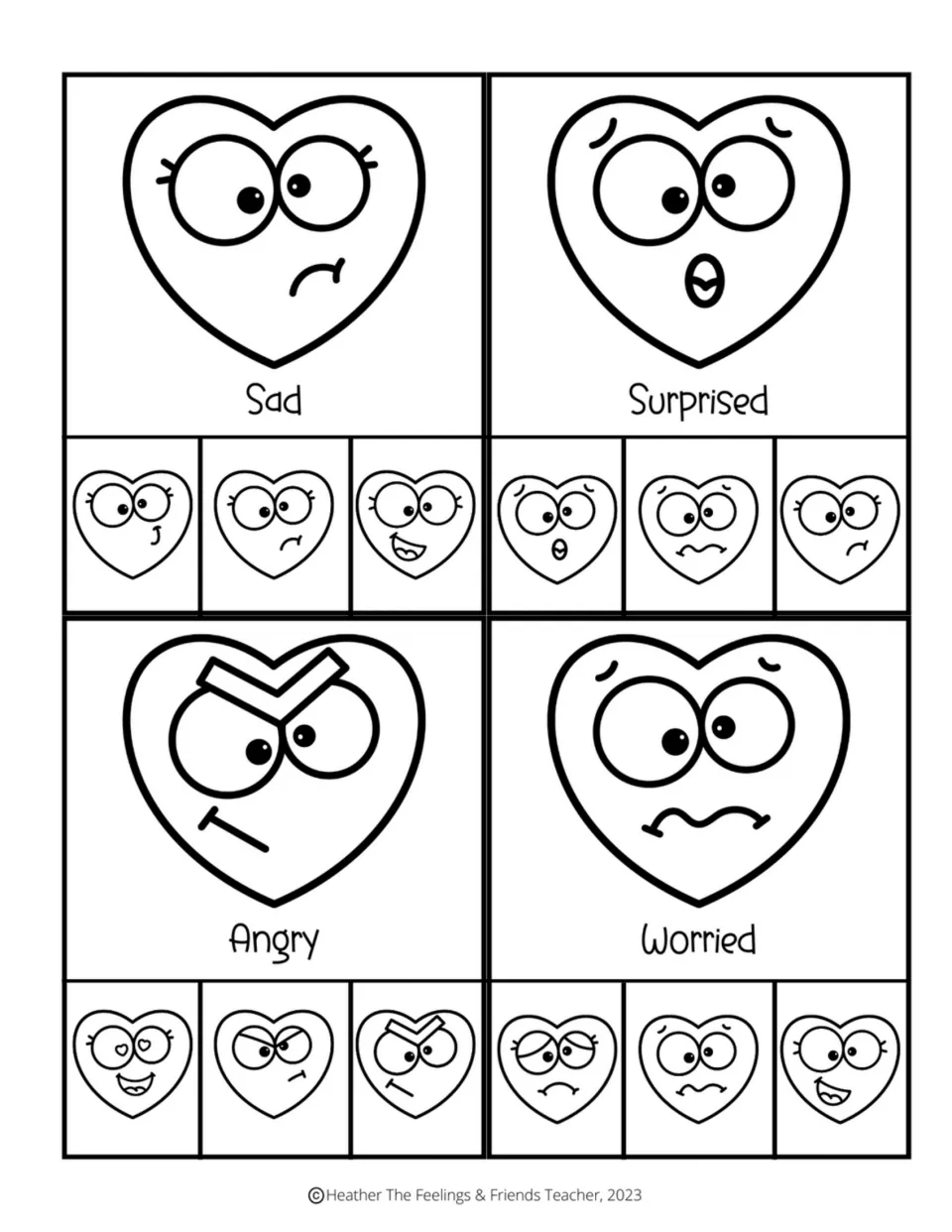 Black-and-white picture-matching clip cards for sad, surprised, angry, and worried, with three choices each