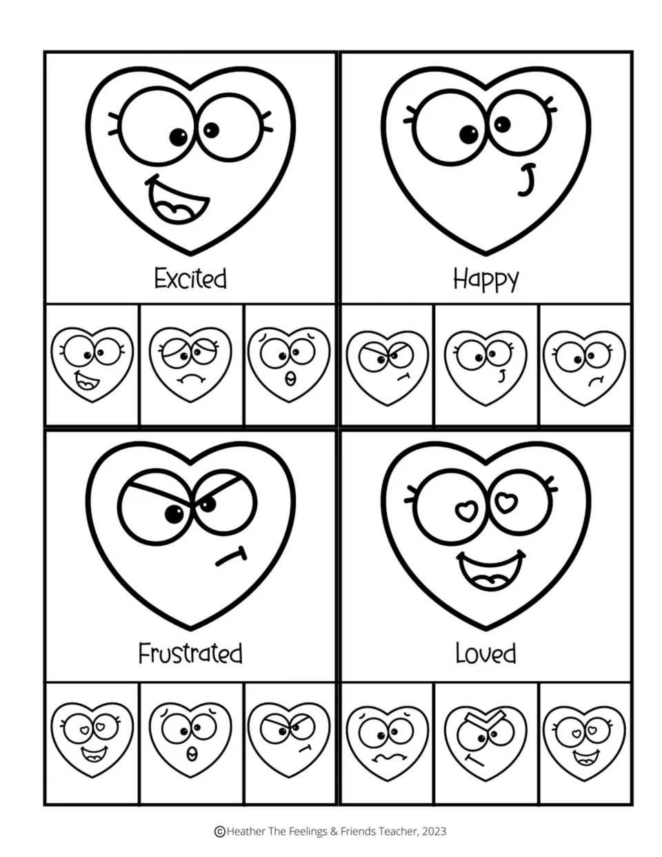 Black-and-white picture-matching clip cards for excited, happy, frustrated, and loved, with three choices each