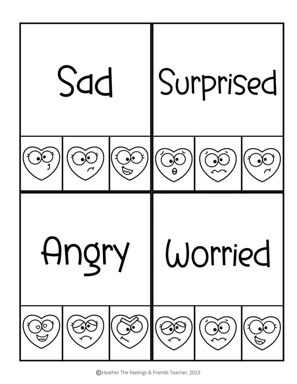 Black-and-white feeling-word clip cards for sad, surprised, angry, and worried, with three face choices each
