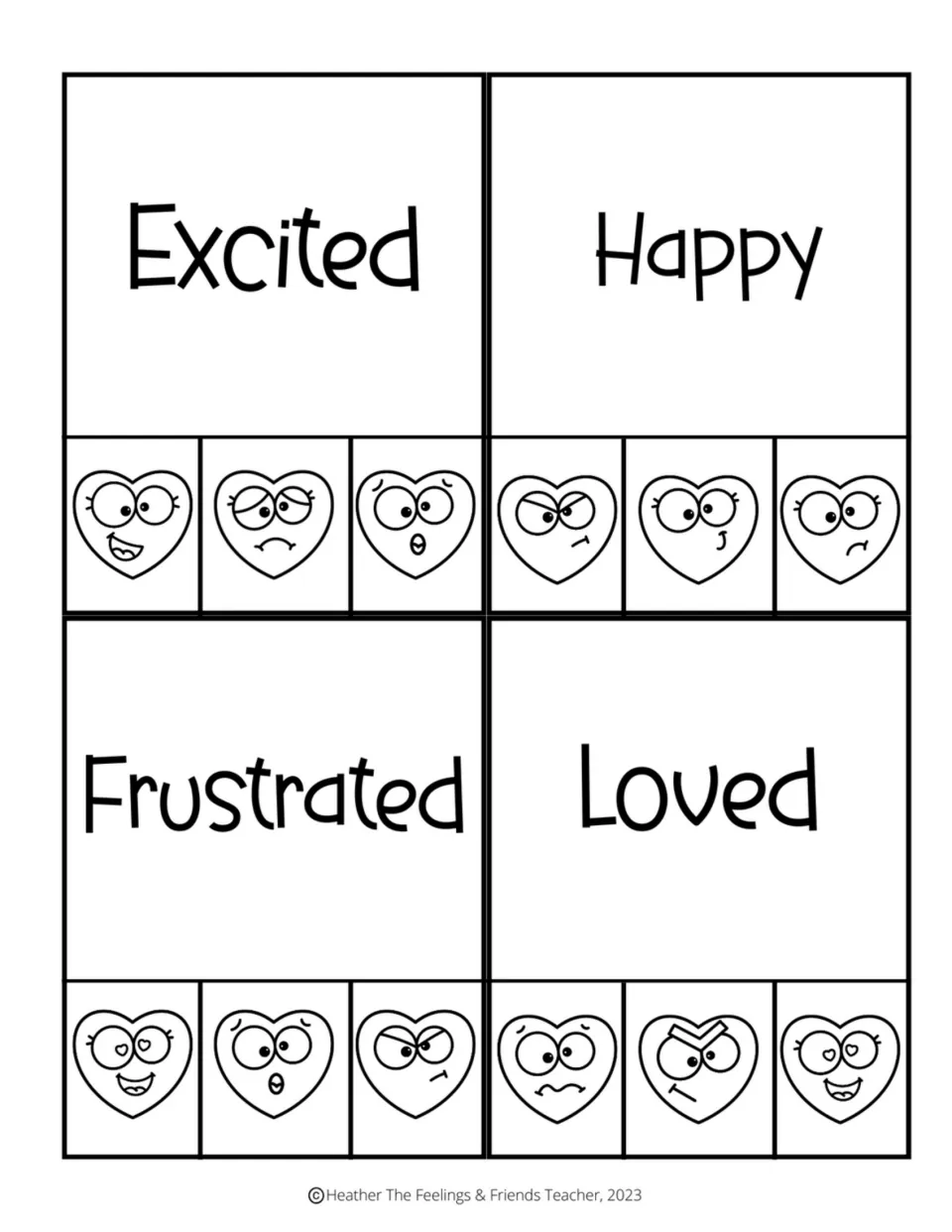 Black-and-white feeling-word clip cards for excited, happy, frustrated, and loved, with three face choices each