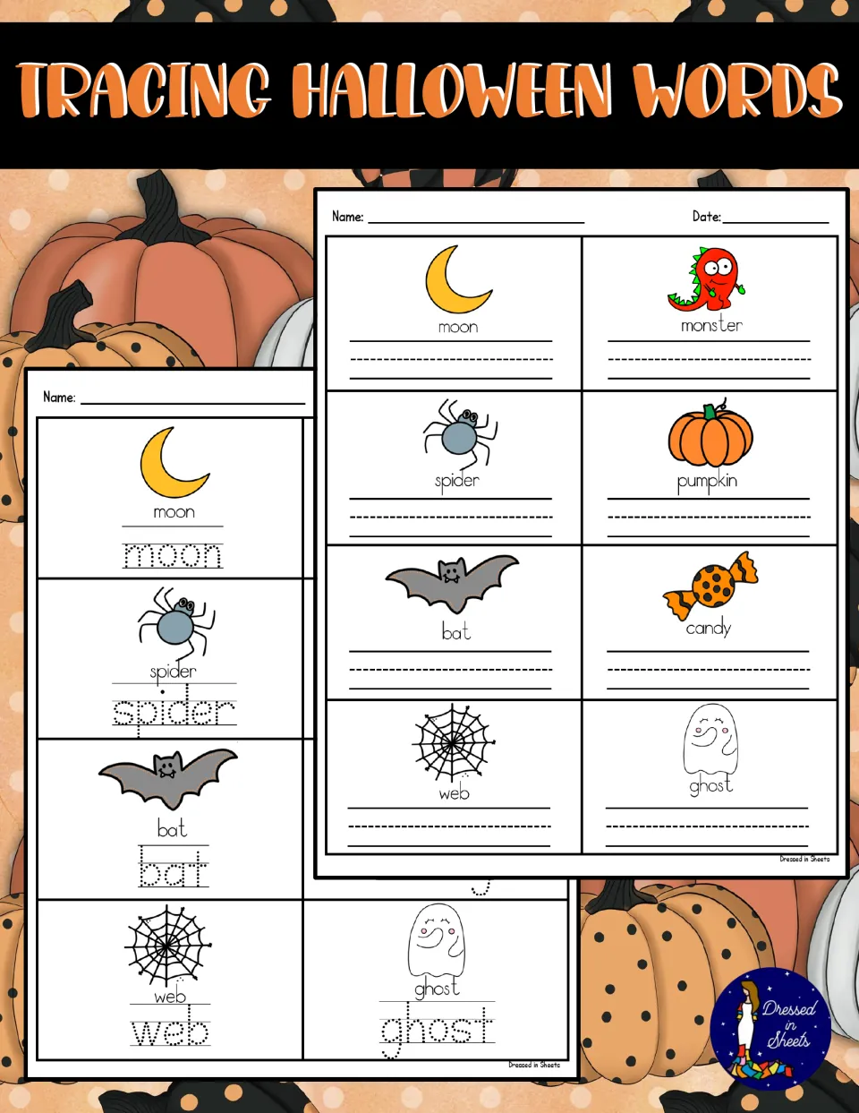 Cover for Halloween word tracing: two picture-word handwriting sheets for moon, spider, bat, web, ghost and more