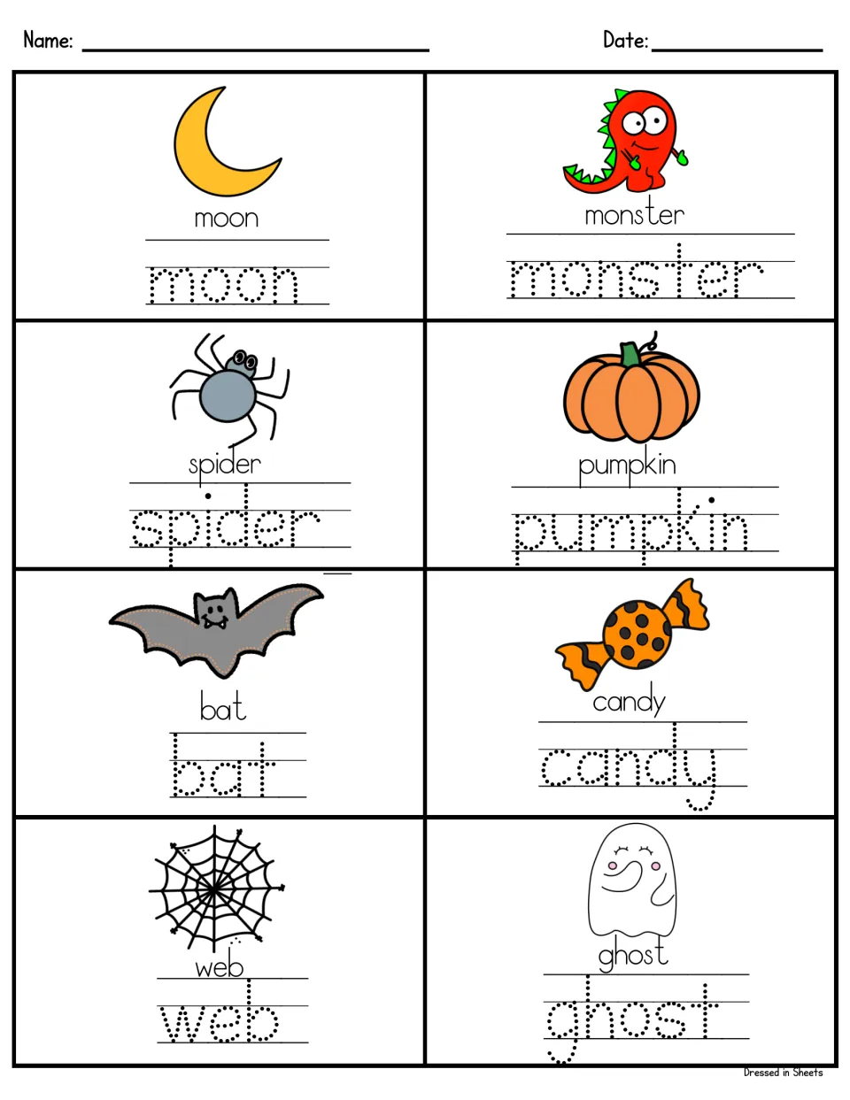 Halloween handwriting: students trace dotted words moon, monster, spider, pumpkin, bat, candy, web and ghost by pictures