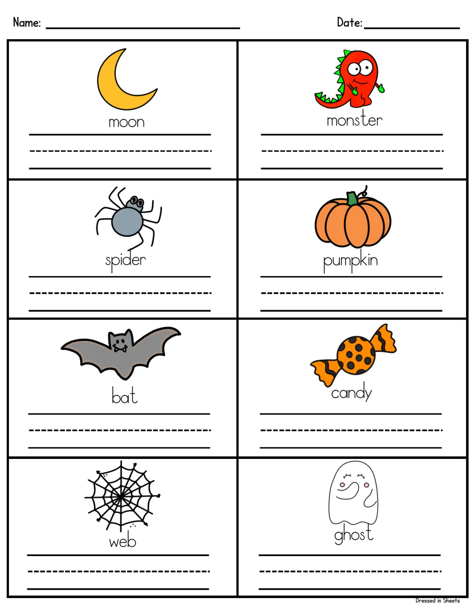 Halloween word copying: students write moon, monster, spider, pumpkin, bat, candy, web and ghost below each picture