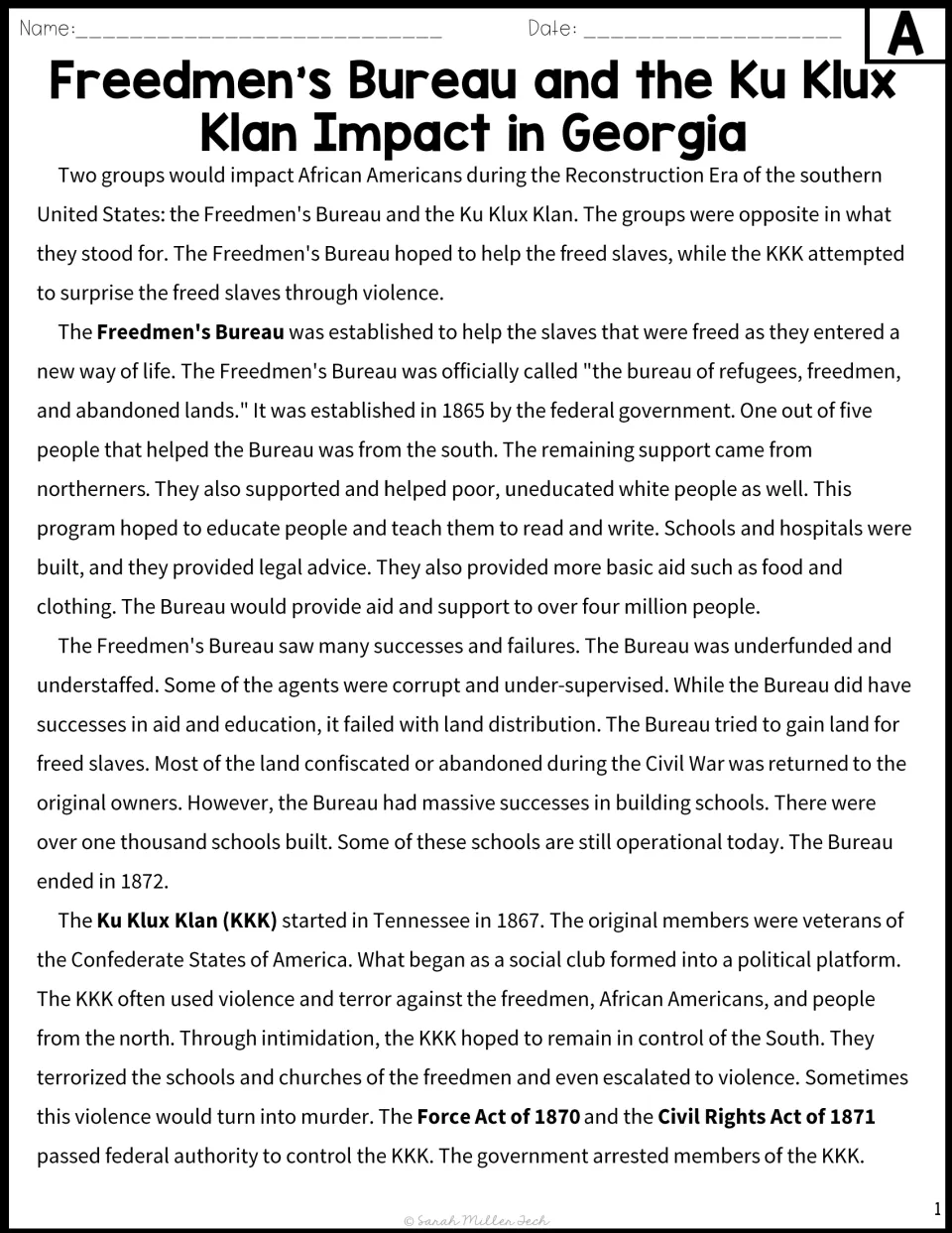 Version A passage on the Freedmen's Bureau's aid and education efforts and the Ku Klux Klan's violence