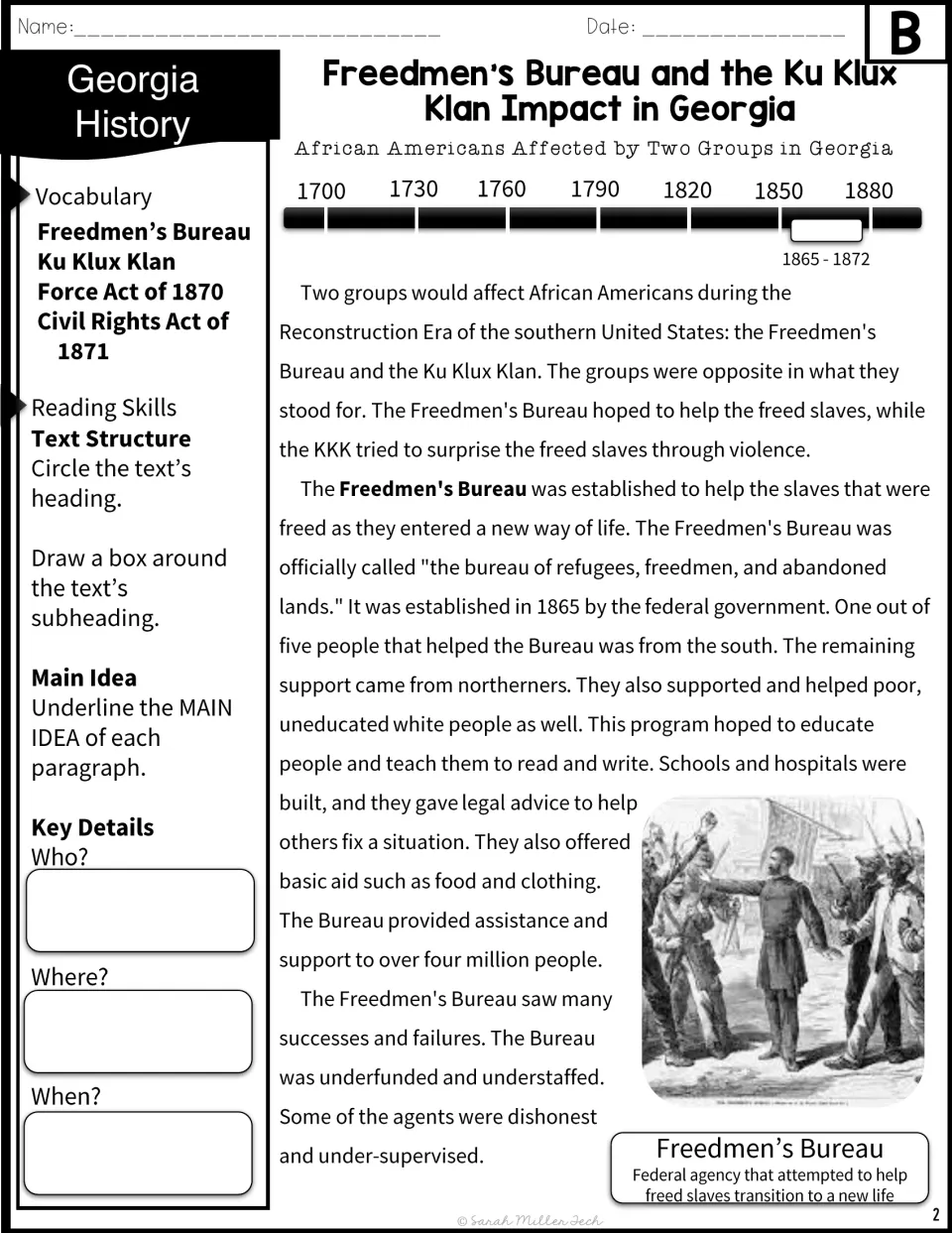 Version B passage begins with Freedmen's Bureau assistance, vocabulary, and main idea and key detail tasks