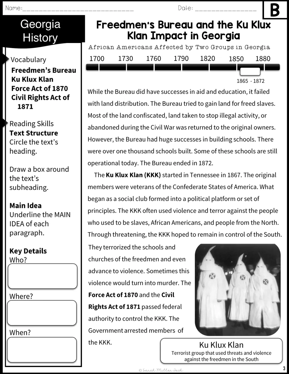 Version B passage continues with Bureau schools and land distribution, KKK violence, and federal action