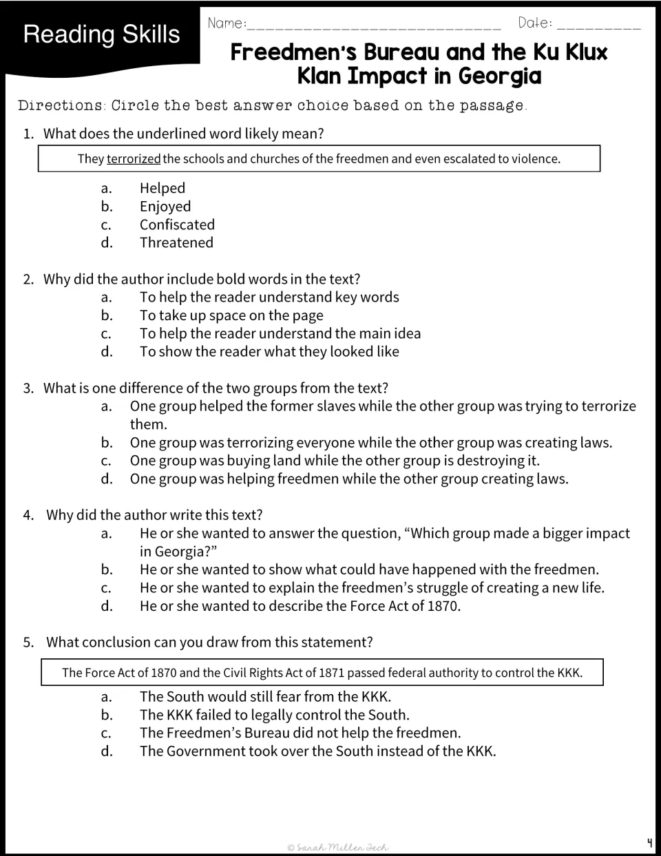 Five reading questions cover 'terrorized,' bold words, group differences, author's purpose, and conclusions