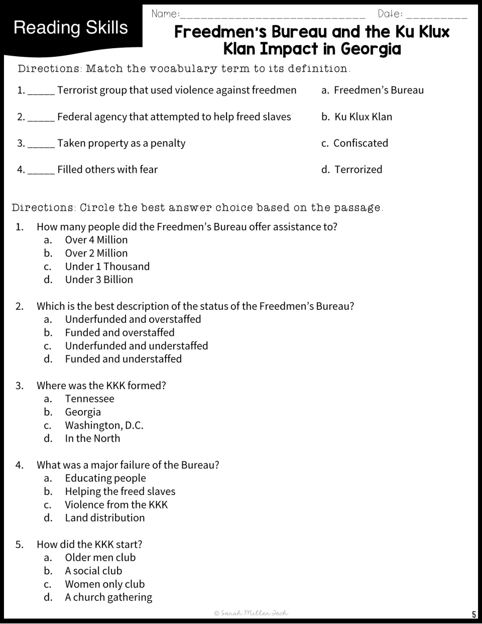 Vocabulary matching and questions 1–5 review the Freedmen's Bureau's assistance and the Ku Klux Klan's origins