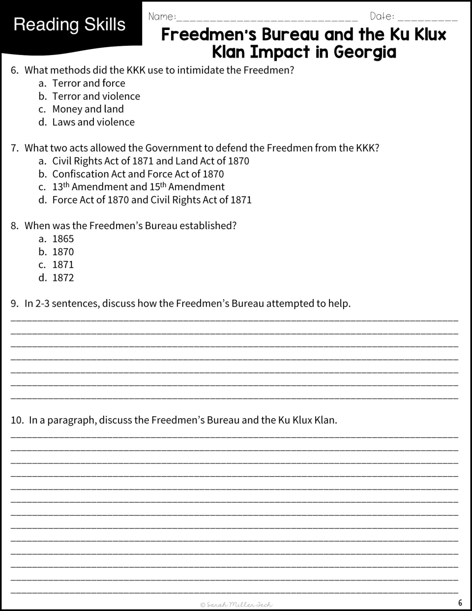 Questions 6–10 address KKK intimidation, federal acts, the Bureau's founding, and two written responses