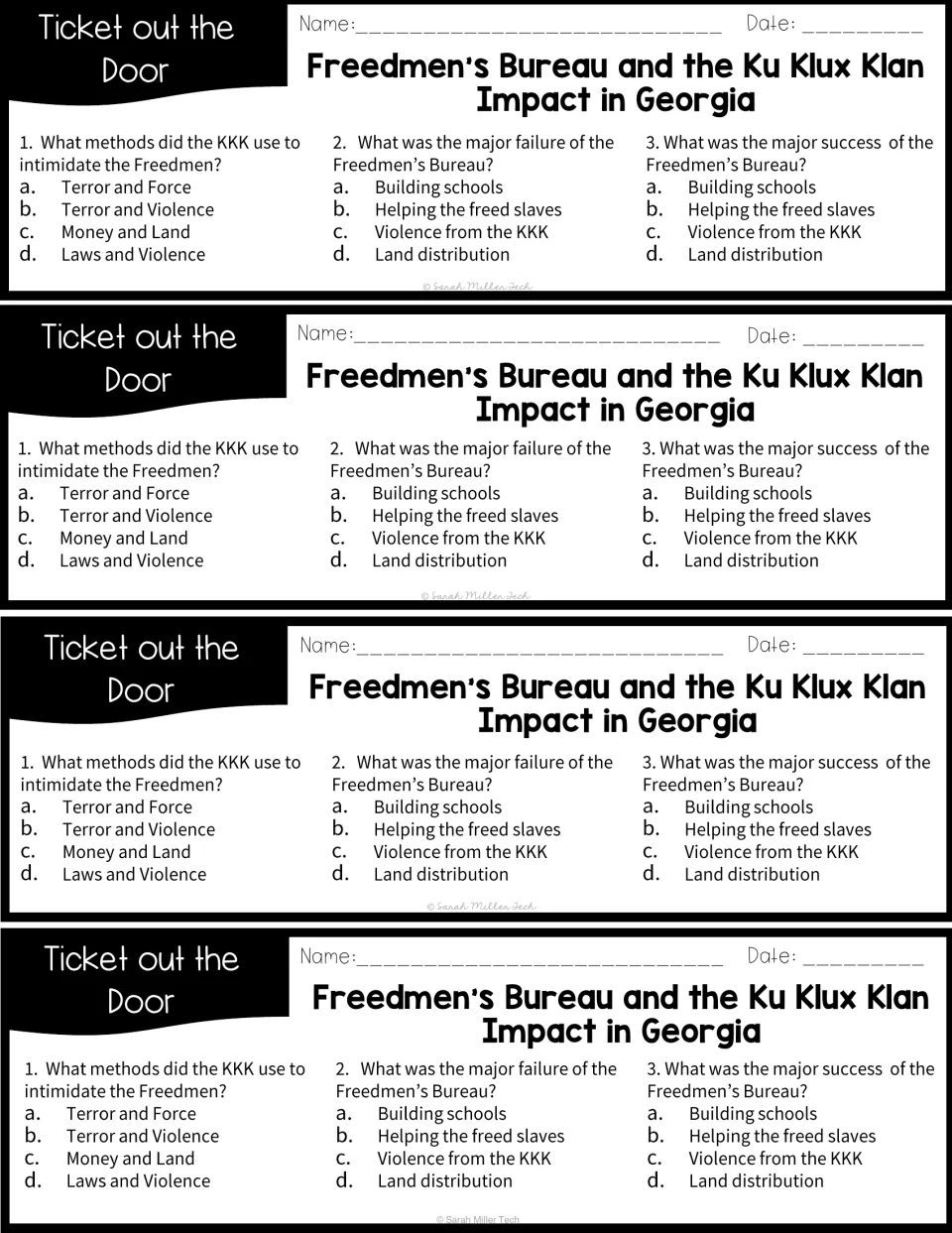 Four identical exit tickets ask about KKK intimidation and the Freedmen's Bureau's main failure and success
