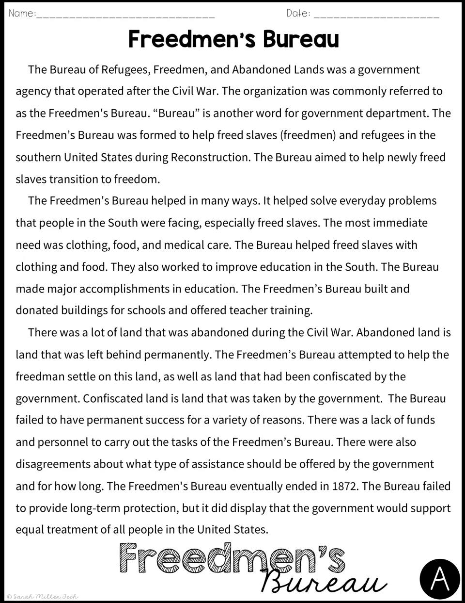 Freedmen's Bureau, Version A passage: aid with food, clothing, schools and abandoned land, and why it ended in 1872