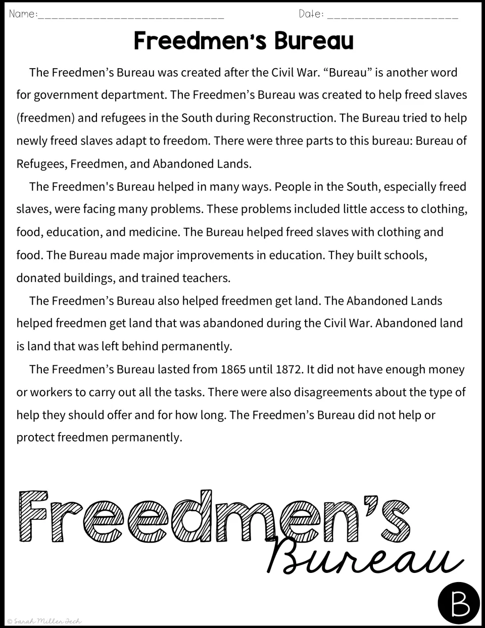 Version B reading passage on the Bureau: helping freed slaves with food, schools and land, lasting from 1865 until 1872
