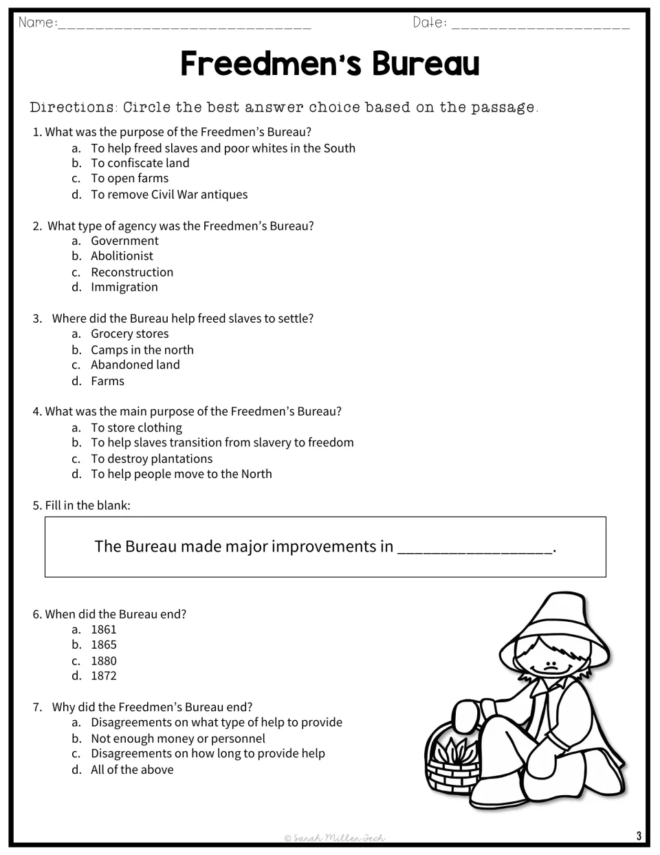 Comprehension questions 1-7: students circle answers on the Bureau's purpose, agency type, settlement land and end date