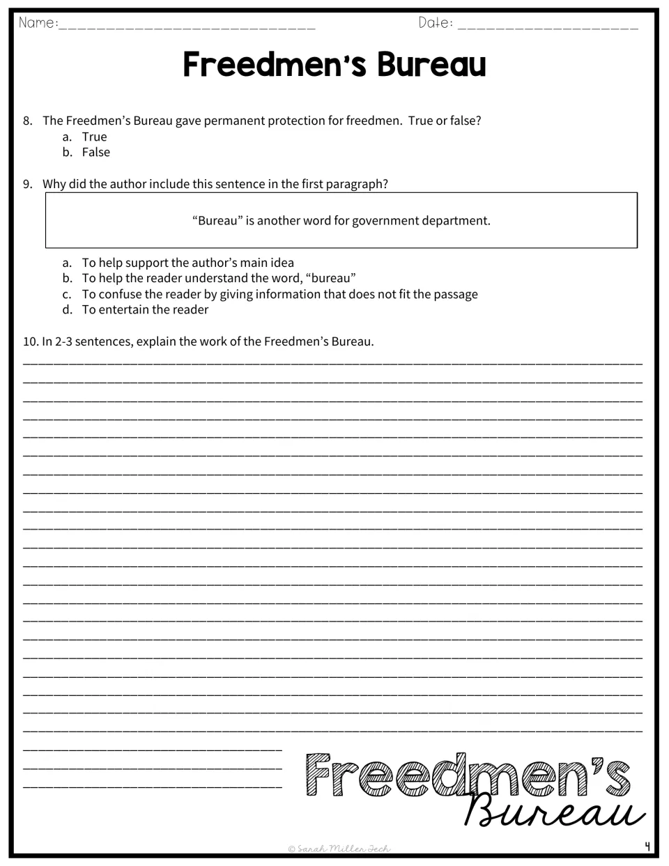 Questions 8-10: true or false, author's purpose for defining bureau, and a 2-3 sentence summary of the Bureau's work