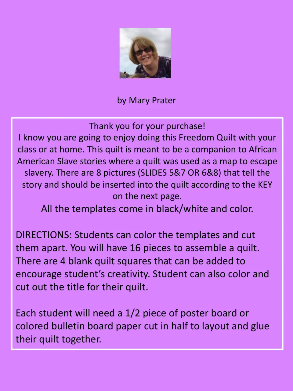 Teacher directions: color and cut 16 quilt squares, including 4 blank ones, then glue them onto half a poster board