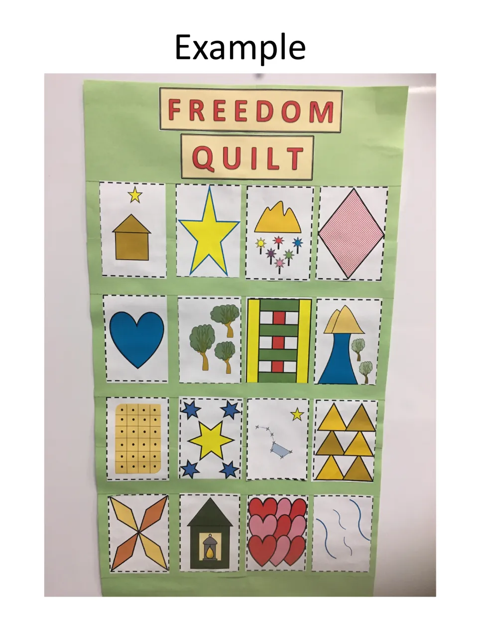 Finished example: 16 colored squares glued on green paper under a title banner, showing hearts, stars and houses