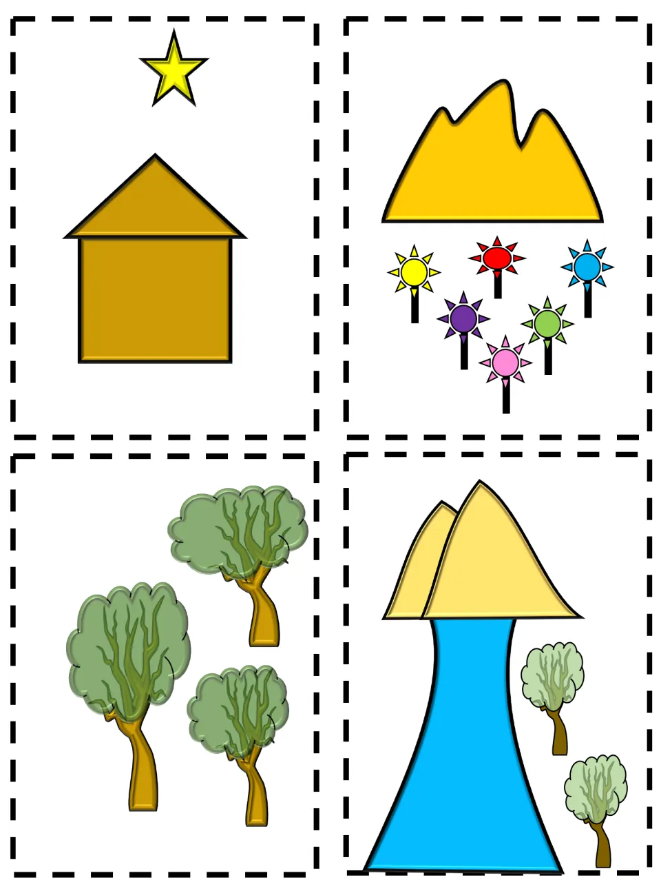 Color picture squares: house under a star, hill above a field of flowers, three trees, and a creek flowing from the hills