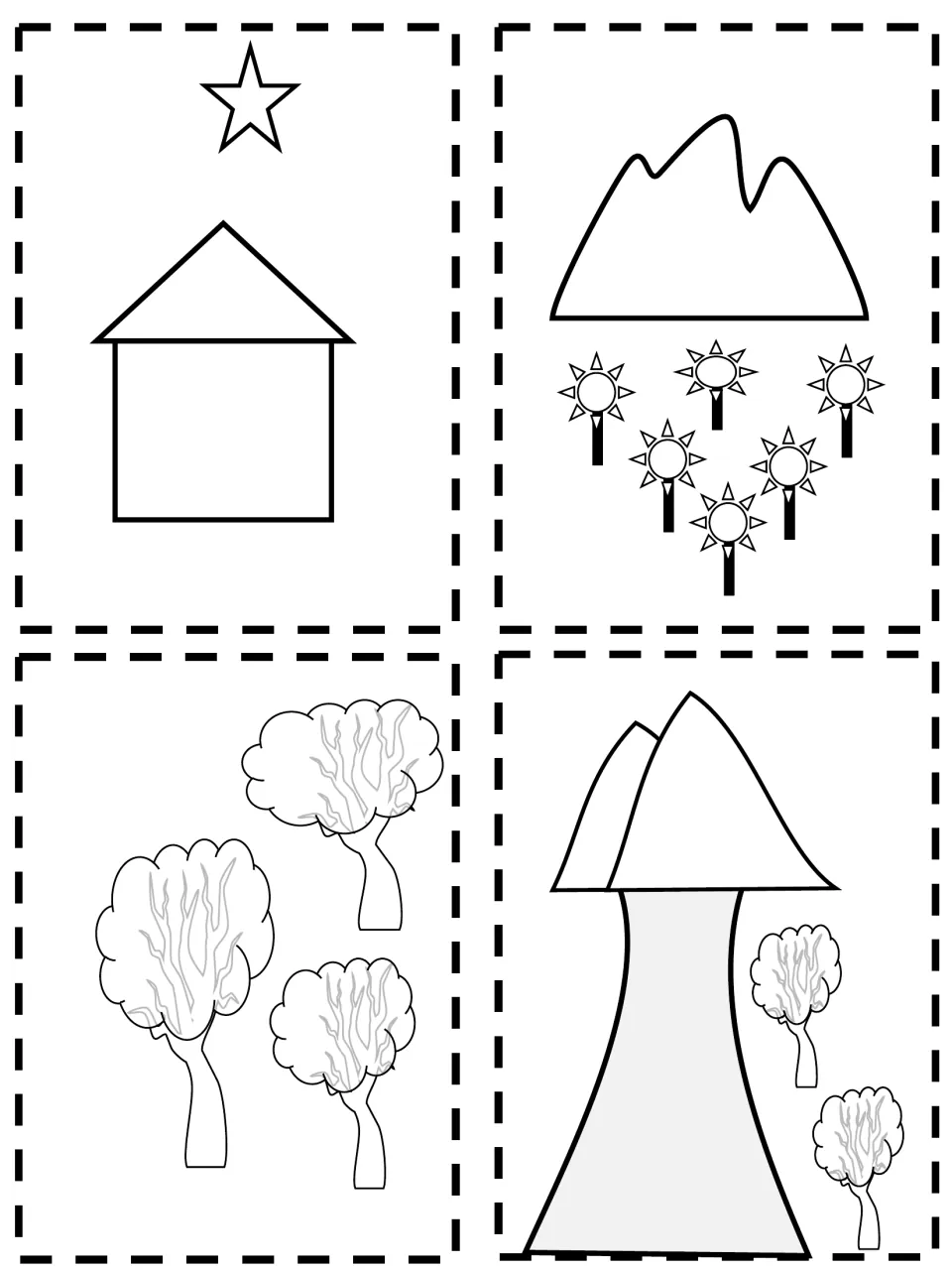 Coloring version of the house-and-star, flowers-by-the-hills, woods and creek-by-the-trees story squares for students