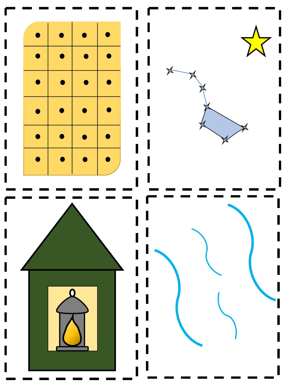 Color picture squares: dotted corn field, Drinking Gourd stars with a bright star, lantern in a house window, and a river