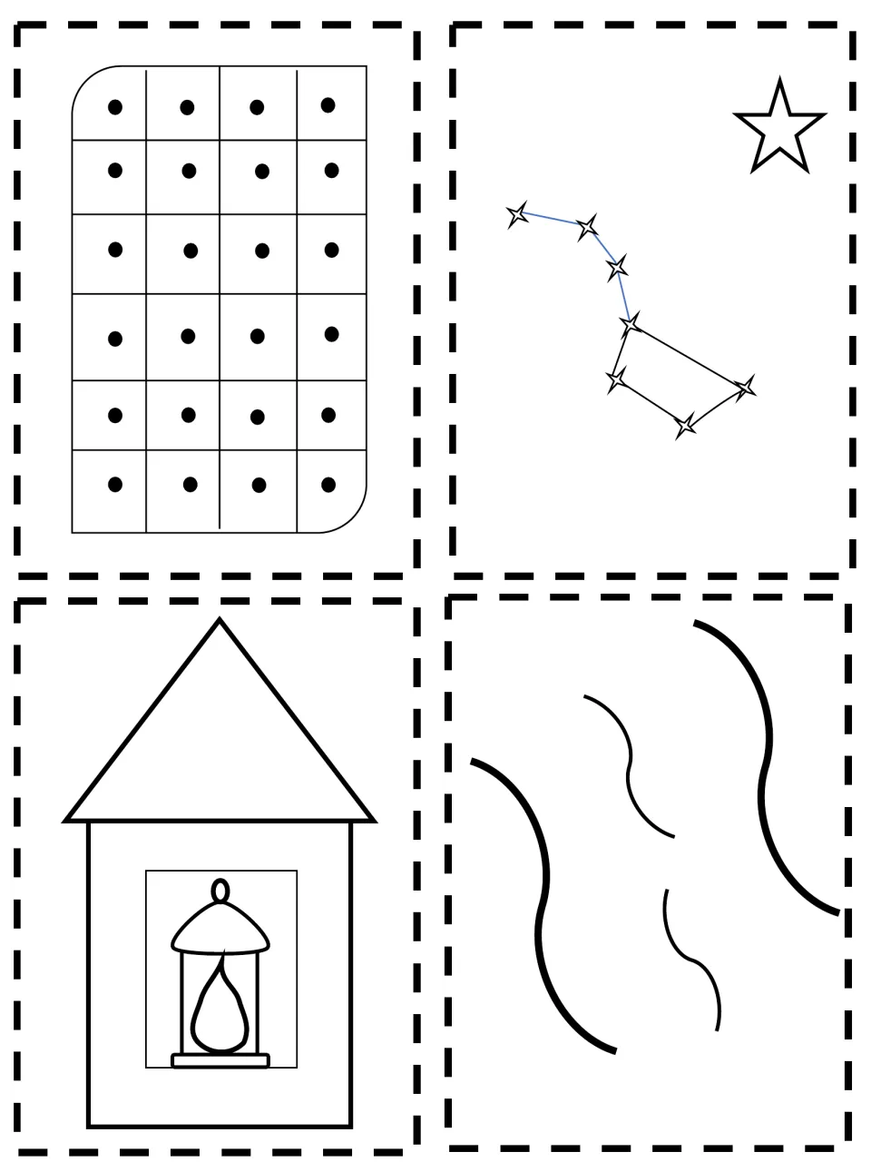 Outline squares to color: corn field, Drinking Gourd constellation, house with a lantern in the window, and river waves