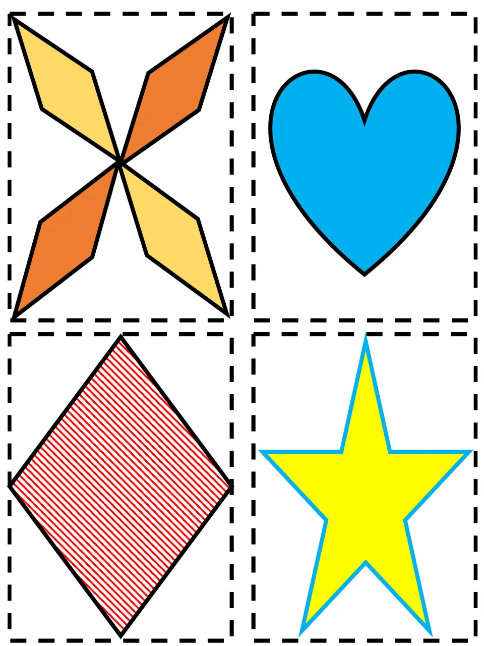 Color decorative squares: orange and yellow pinwheel of diamonds, blue heart, red striped diamond and a yellow star
