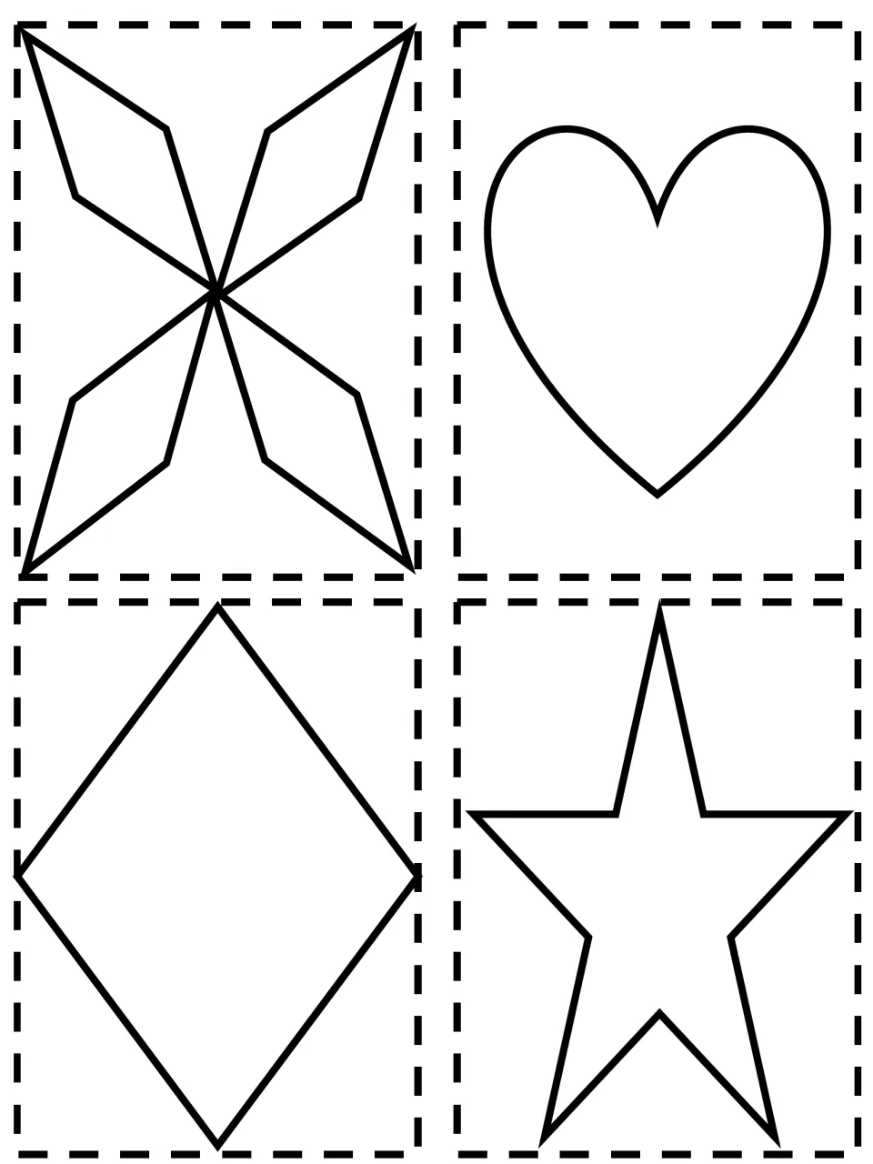 Outline decorative squares for coloring: pinwheel of four diamonds, heart, diamond and five-point star shapes to cut out