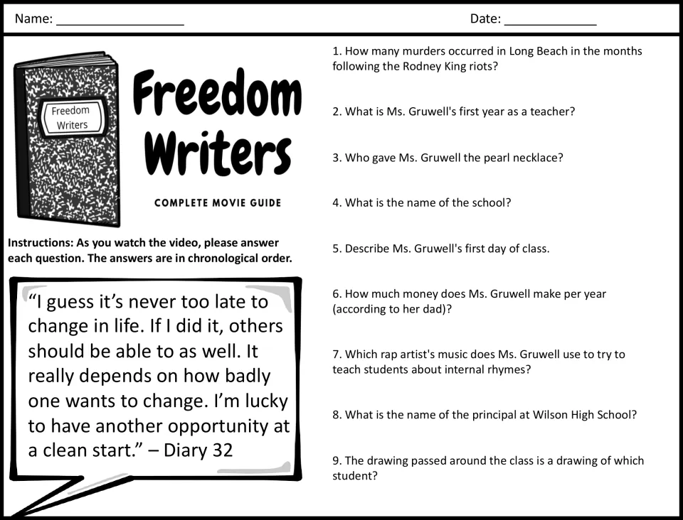 Freedom Writers movie guide questions 1-9: students answer in order while watching, with a Diary 32 quote