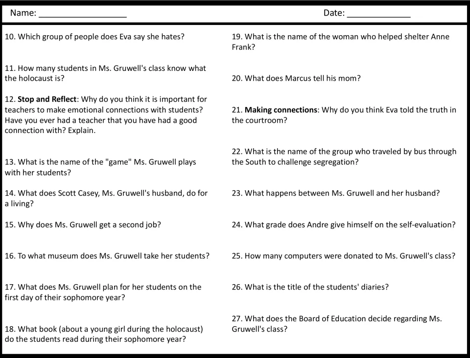 Movie questions 10-27 on Ms. Gruwell's class, with Stop and Reflect and Making connections written-response prompts