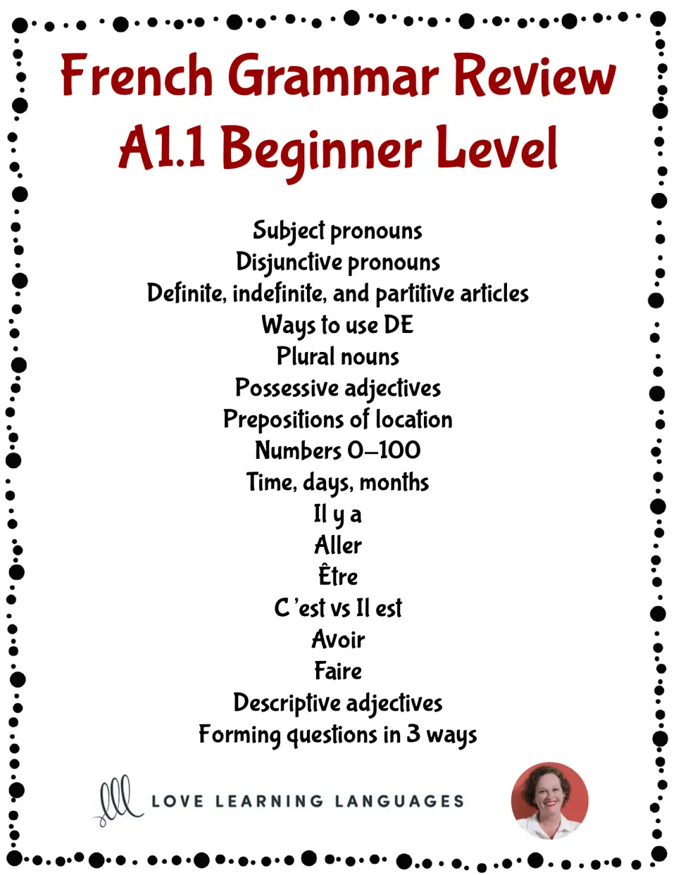 Beginner French grammar review cover listing pronouns, articles, plural nouns, verbs, and question formation