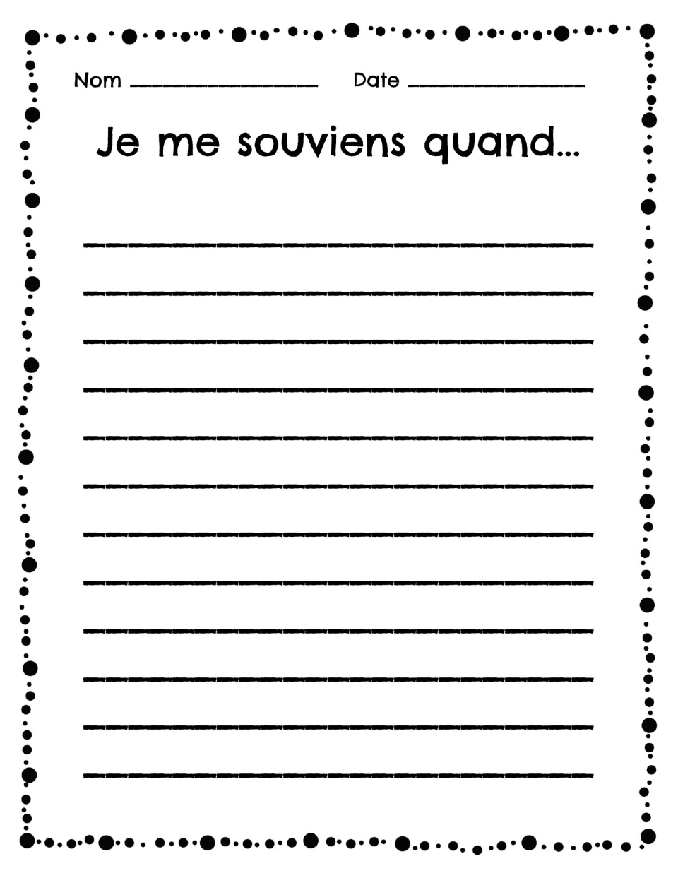 French sentence-stem worksheet 8: “Je me souviens quand...” (I remember when...), a writing prompt