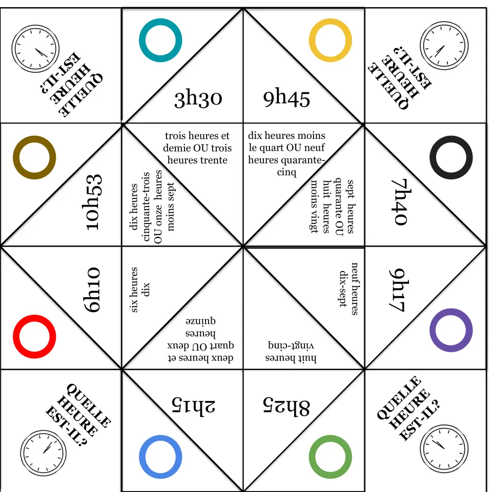 French clock fortune teller 4: 3h30, 9h45, 7h40, 9h17, 8h25, 2h15, 6h10 and 10h53 with French time phrases.