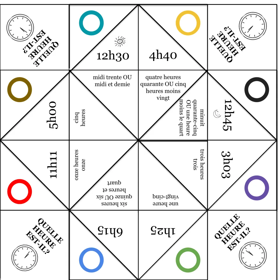 French clock fortune teller 5: 12h30, 4h40, 12h45, 3h03, 1h25, 6h15, 11h11 and 5h00 with French time phrases.