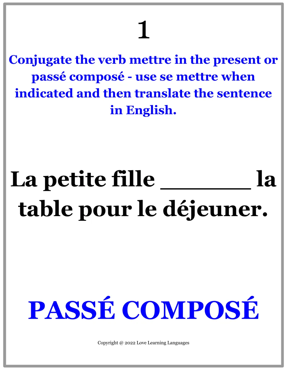 French practice card 1: complete mettre in passé composé in a sentence about a little girl setting the table.