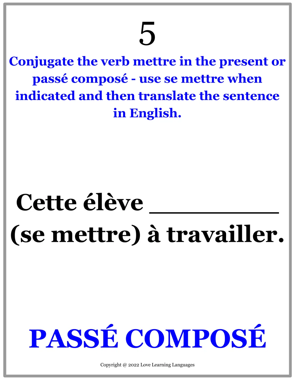 French practice card 5: complete se mettre in passé composé in a sentence about a student starting to work.