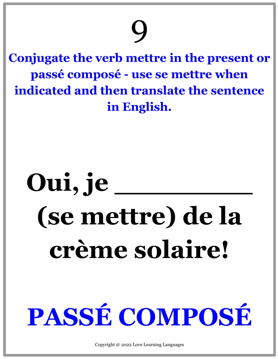 French practice card 9: complete se mettre in passé composé in a reply about putting on sunscreen, then translate.