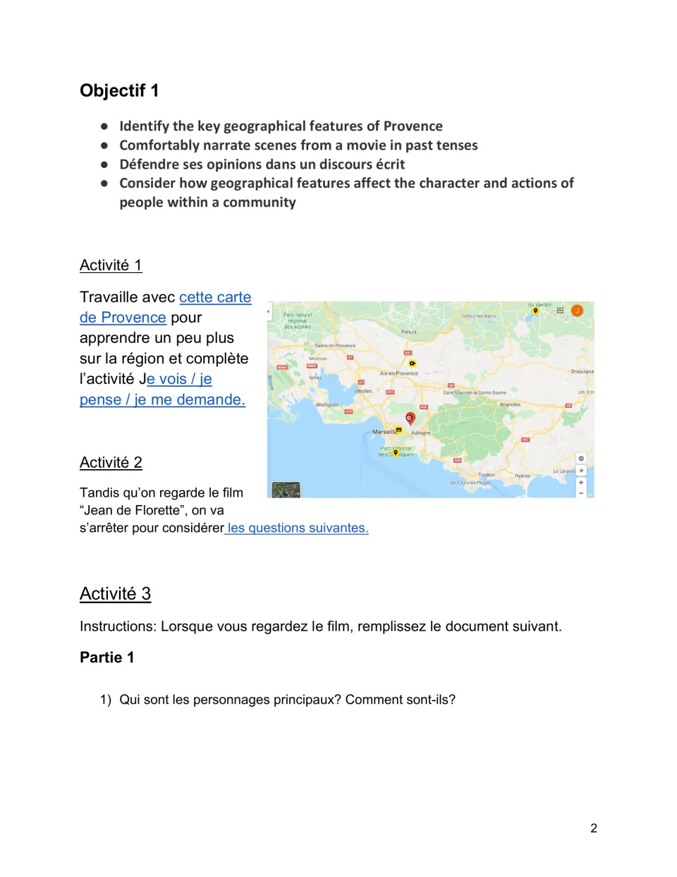 Objective 1 activities: explore a Provence map, consider film questions, and identify the main characters