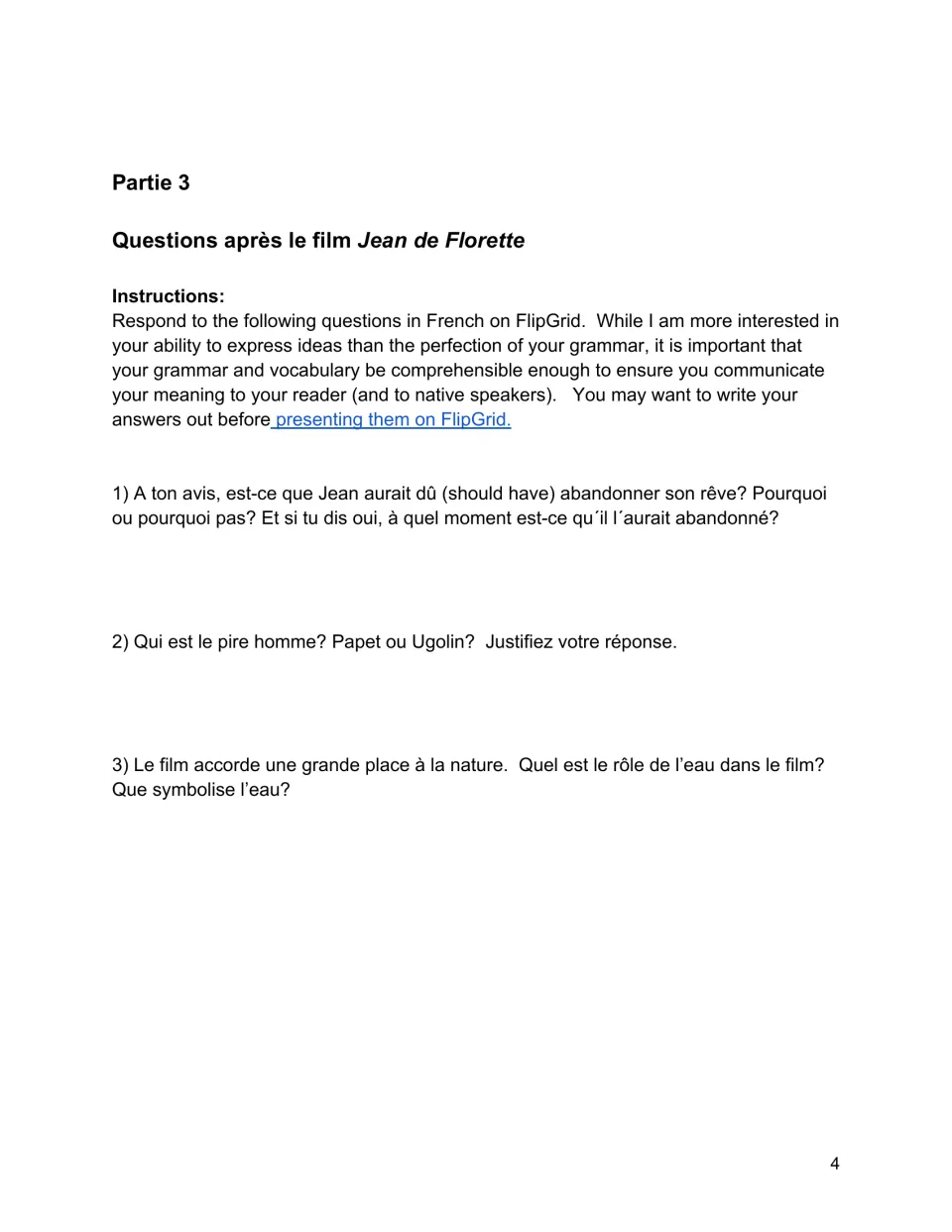 Post-film French response prompts ask about Jean's dream, Papet versus Ugolin, and the symbolism of water