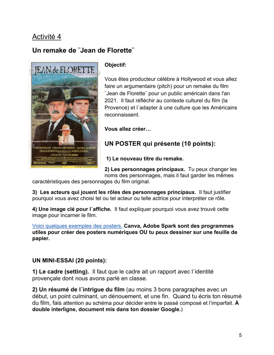 Film remake assignment calls for a poster with title, cast, and key image, plus a setting and plot mini-essay
