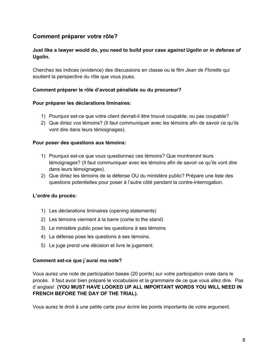 Mock trial preparation covers evidence, opening statements, witness questions, trial order, and oral grading