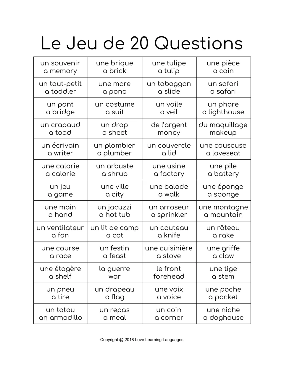 French-English chart 2, 52 nouns: un souvenir (a memory), une brique (a brick), une tulipe (a tulip) and more