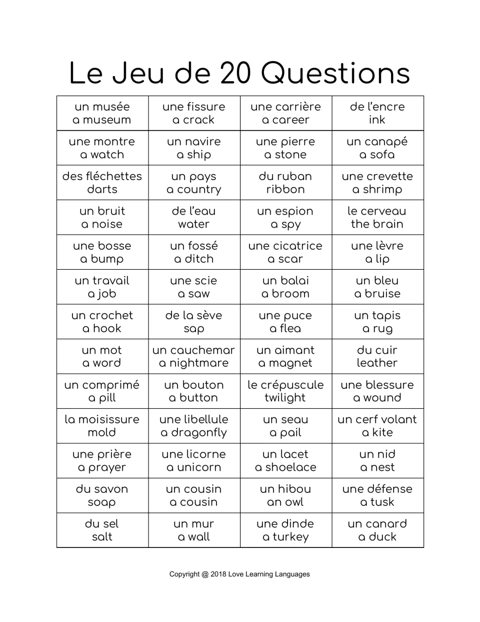 French-English chart 3, 52 nouns: un musée (a museum), une fissure (a crack), une carrière (a career) and more