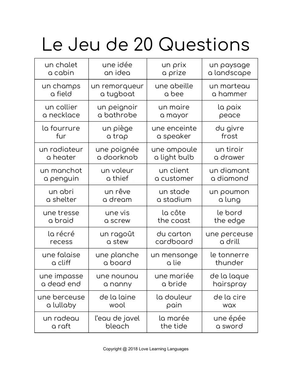 French-English chart 4, 52 nouns: un chalet (a cabin), une idée (an idea), un prix (a prize) and more