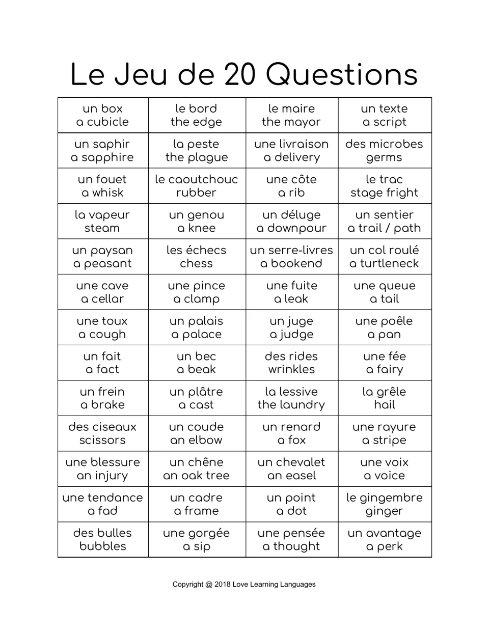 French-English chart 5, 52 nouns: un box (a cubicle), la peste (the plague), le trac (stage fright) and more