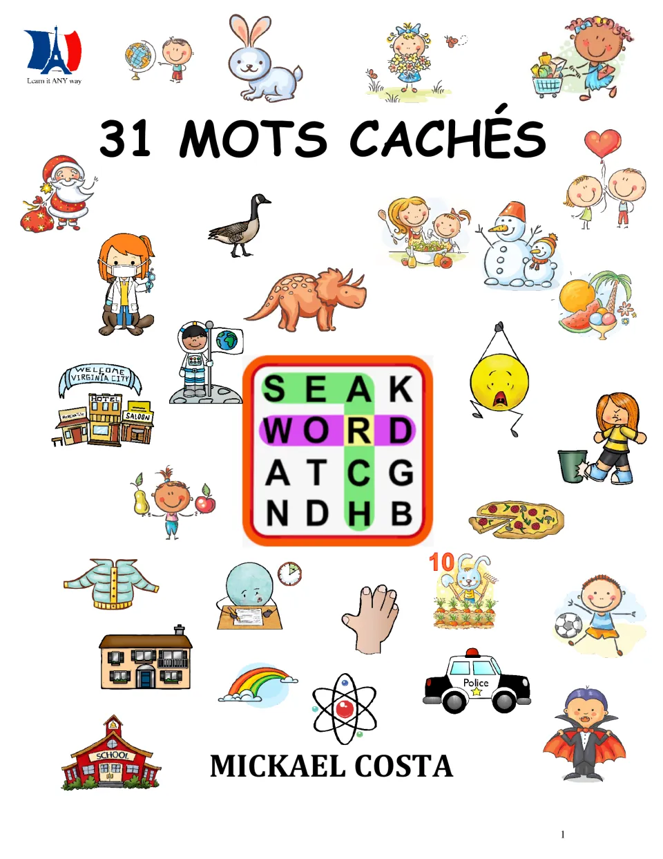 Cover of the French vocabulary booklet '31 mots cachés' (31 word searches), credited to Mickael Costa