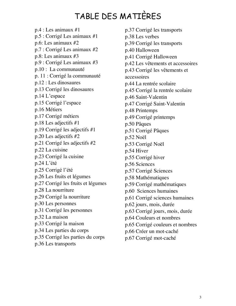 Contents for the French word search booklet, listing themed puzzles, answer keys, and a create-your-own section