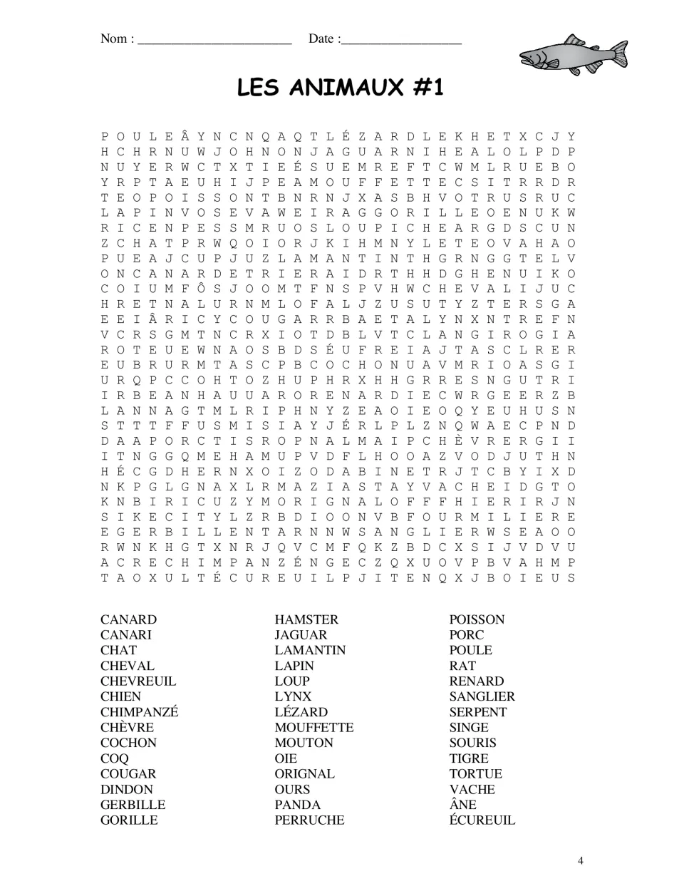 French animal word search 1 featuring canard (duck), chat (cat), cheval (horse), and other animal vocabulary