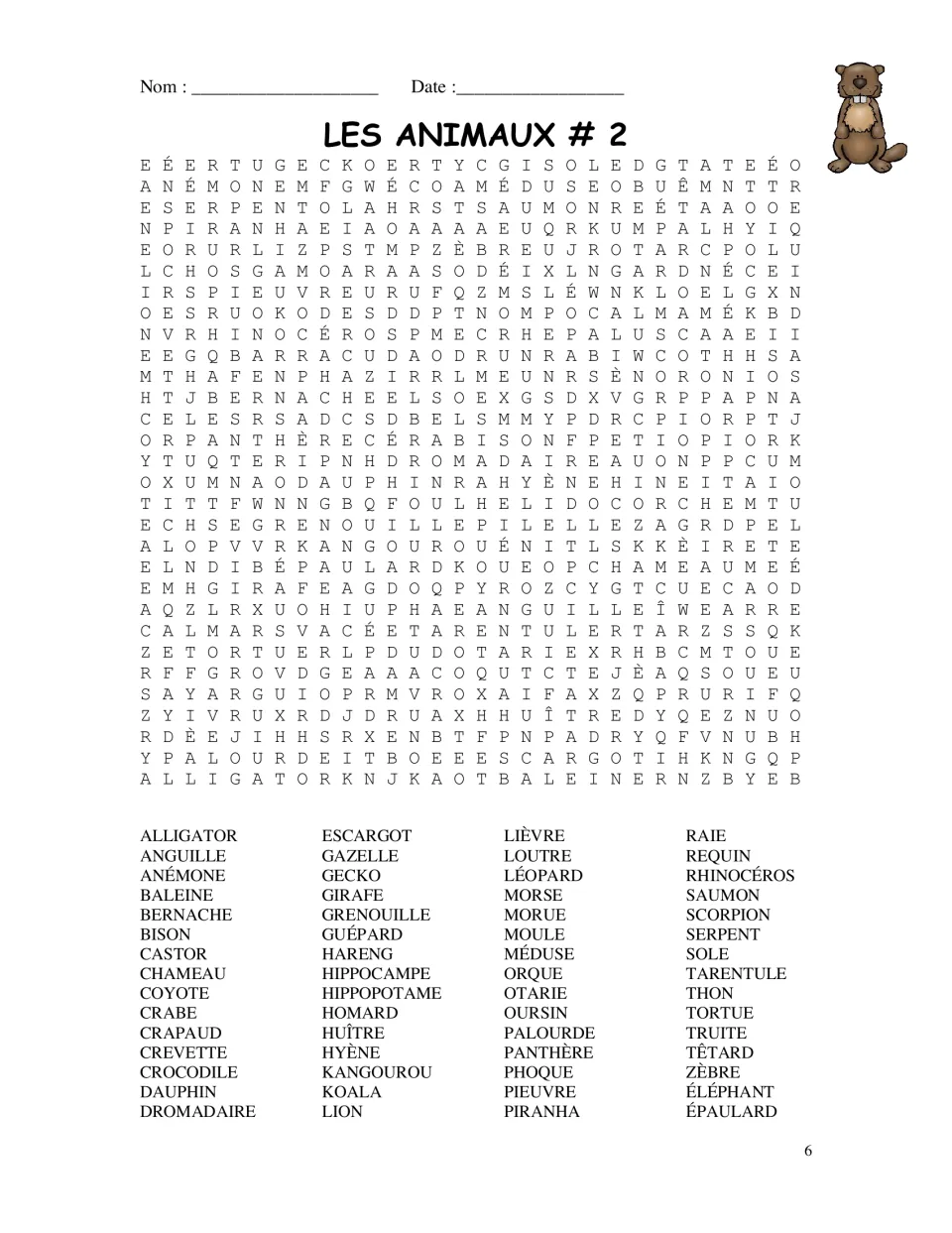 French animal word search 2 featuring baleine (whale), castor (beaver), crabe (crab), and other animal words