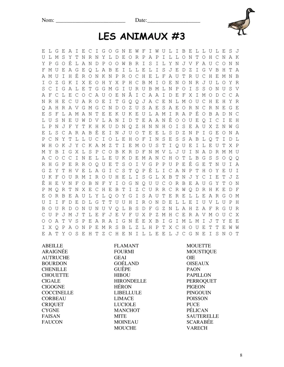 French animal word search 3 featuring abeille (bee), araignée (spider), papillon (butterfly), and more