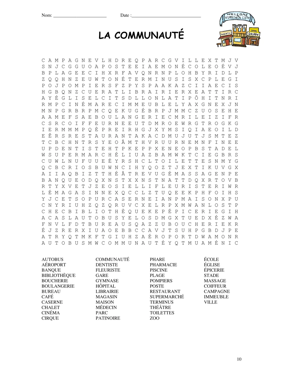 French community word search featuring banque (bank), école (school), pharmacie (pharmacy), and more